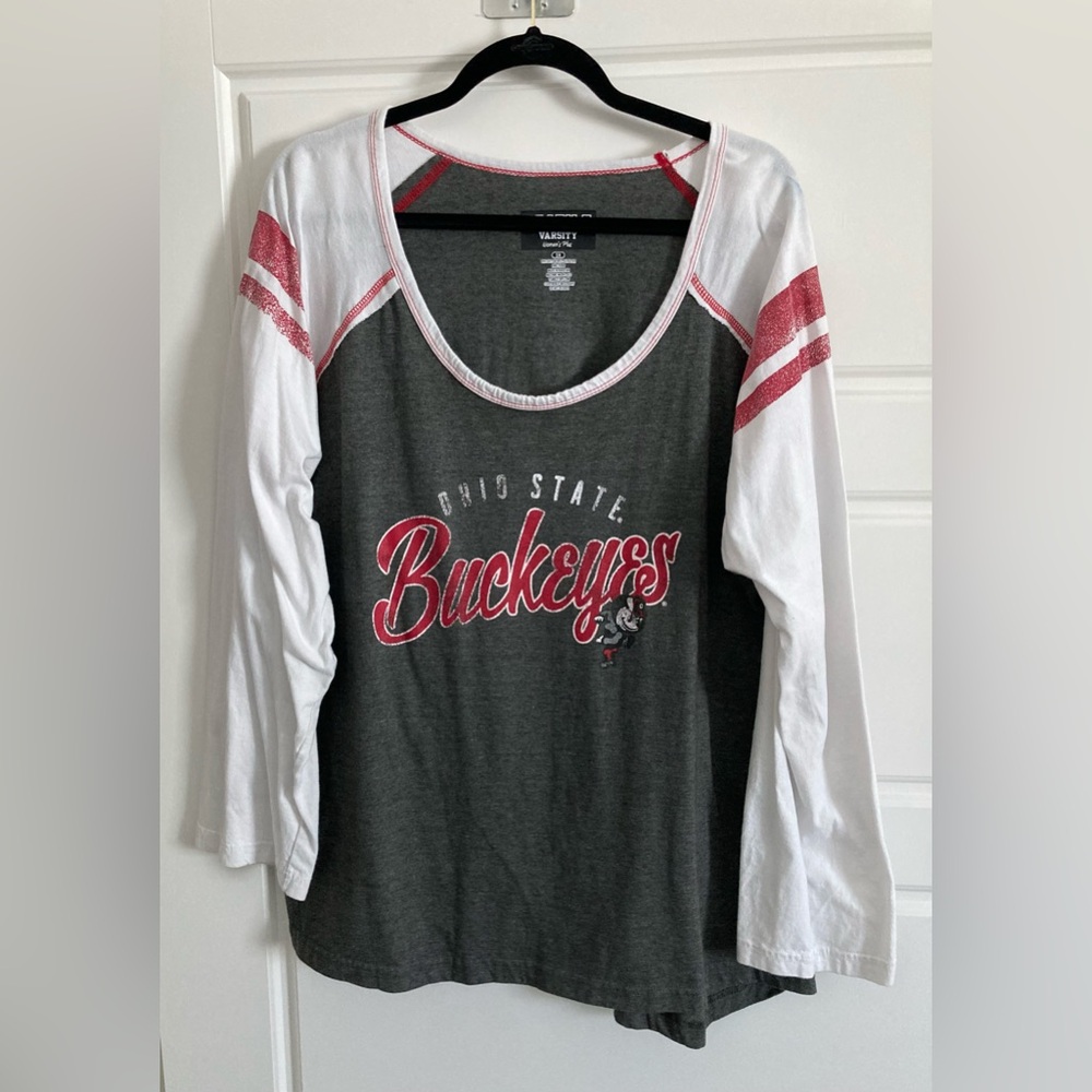 Varsity Ohio State Buckeyes Long Sleeve Scoop Neck Tee - Gray/White/Red